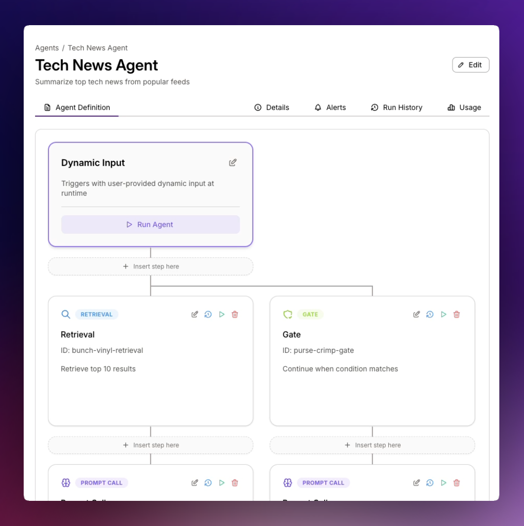 Seclai visual agent builder showing workflow with parallel steps