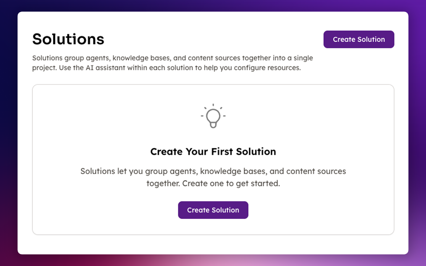Solutions page with Create Solution button