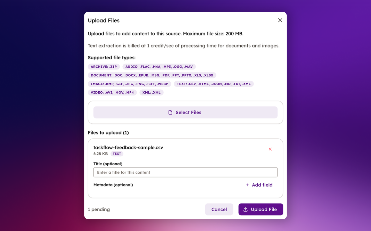 Upload Files modal with file selected