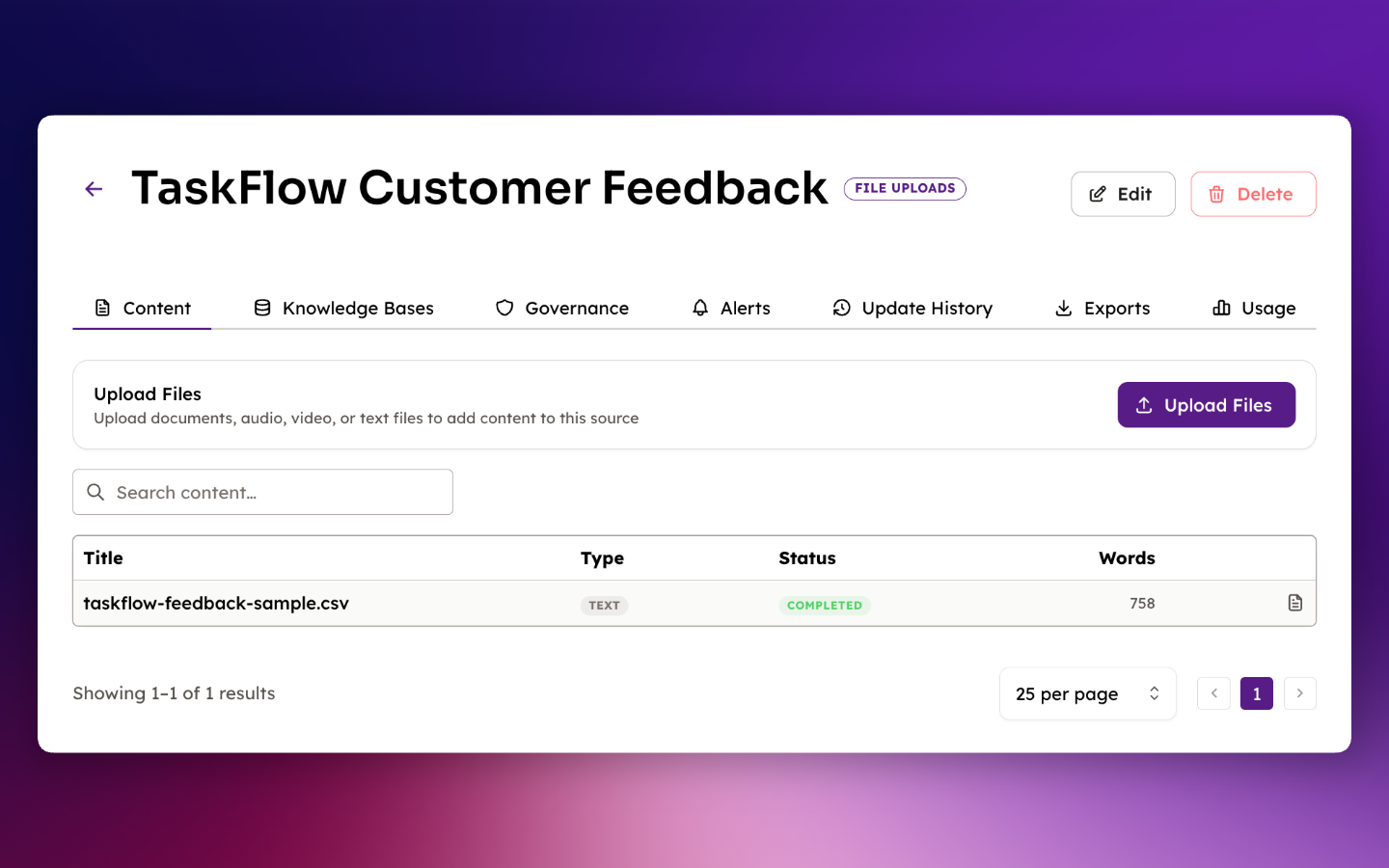 Content source with uploaded file showing COMPLETED status