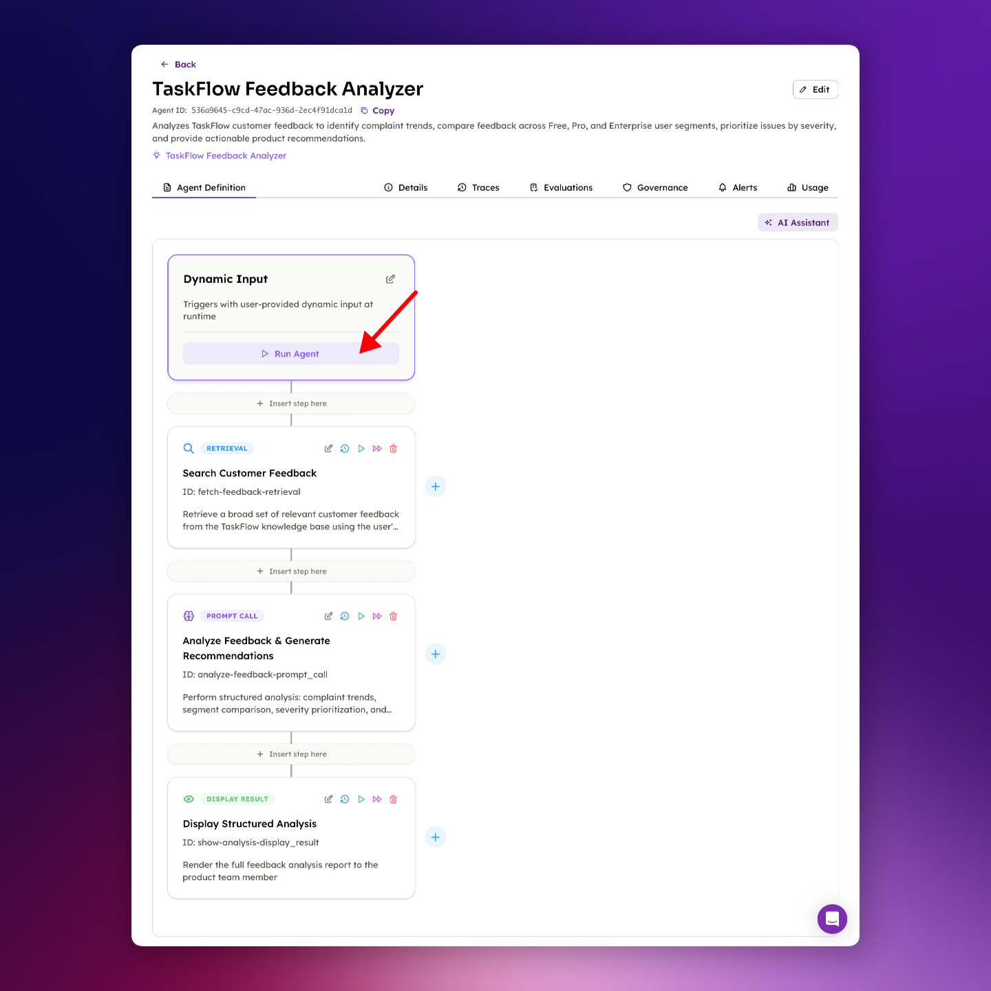 Agents page showing the generated TaskFlow feedback agent