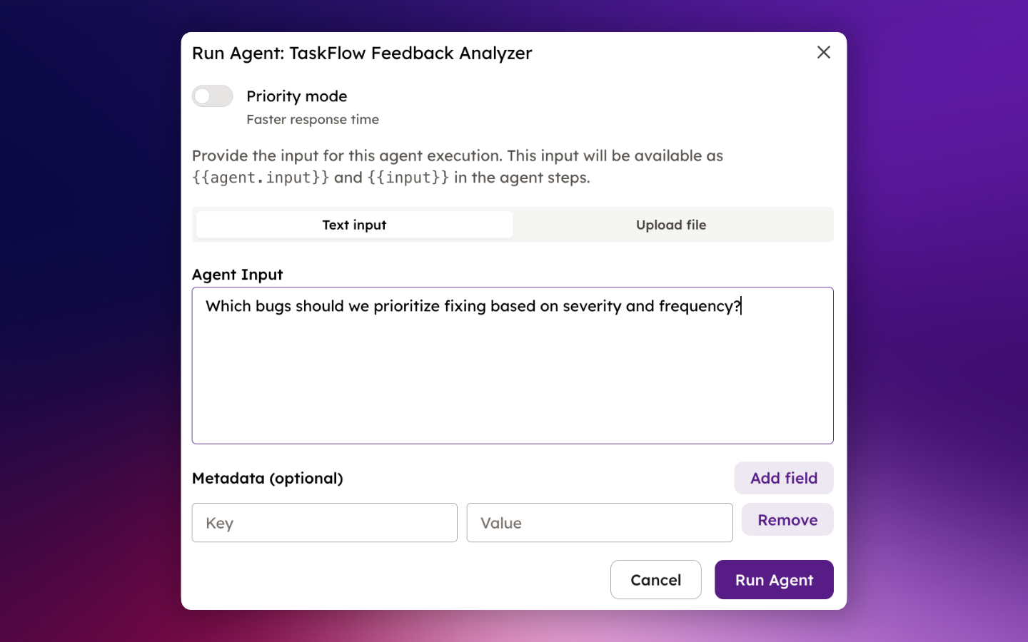 Run Agent modal with example question entered