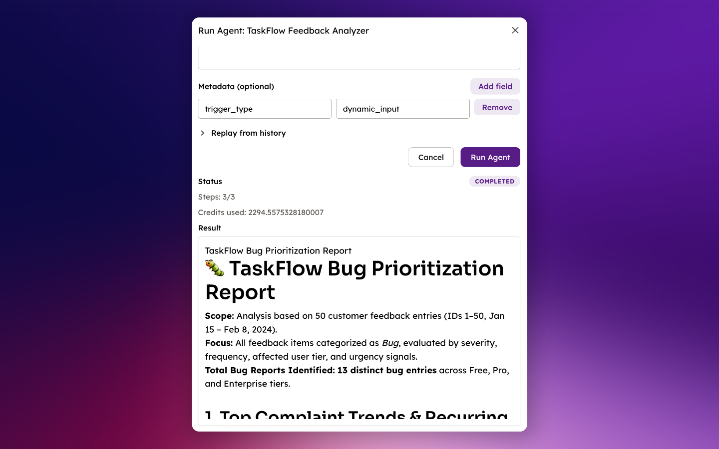 Agent output showing bug severity and frequency analysis